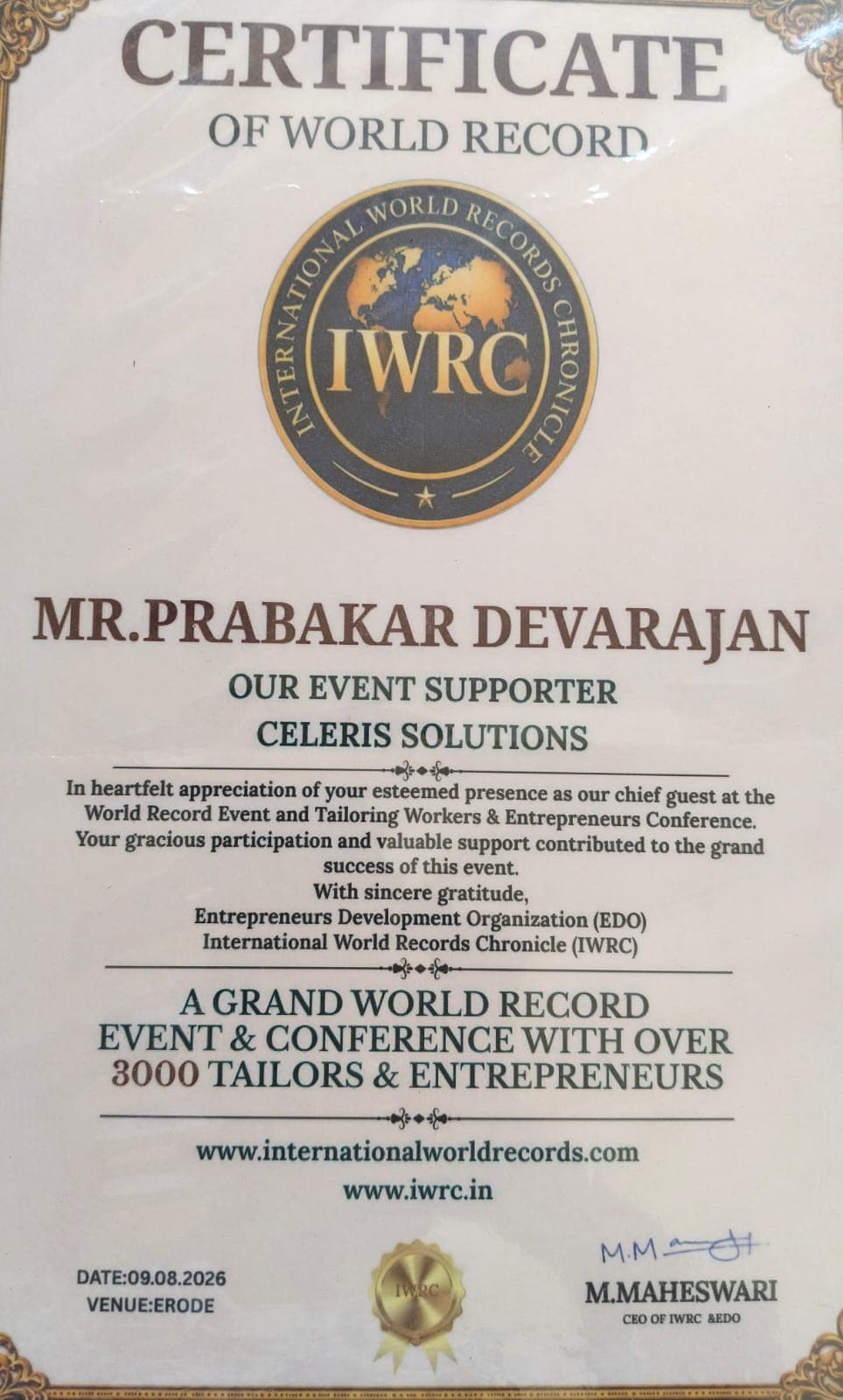 International World Records Certificate Award